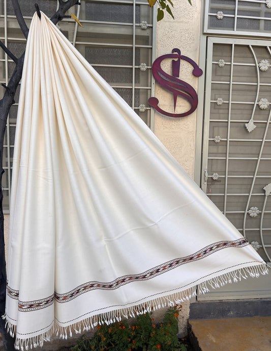 White Swati Saidaar Handmade Woolen Shawl | Pure Wool | 48PW01