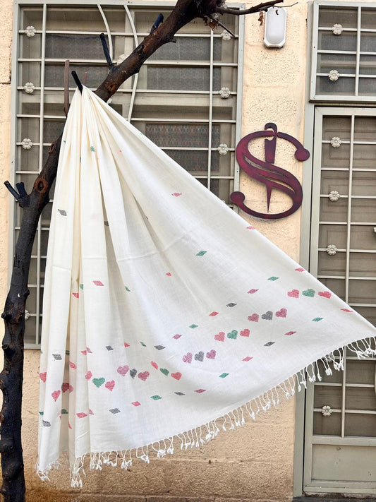 Ladies White Khaddi Embroidery Swati Woolen Shawl | KKW11